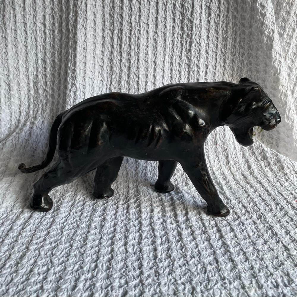 Vintage Black Panther cat leather wrapped solid MCM decor oddity